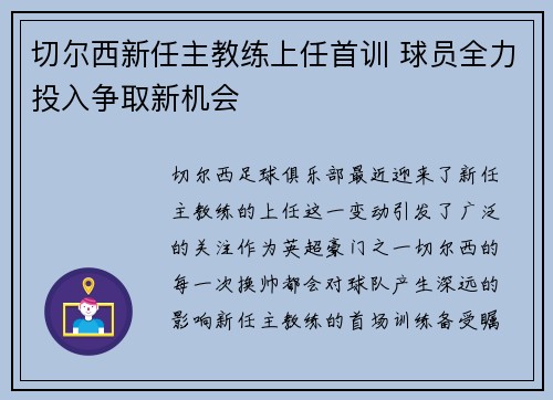 切尔西新任主教练上任首训 球员全力投入争取新机会 切尔西新任主教练上任首训 球员全力投入争取新机会