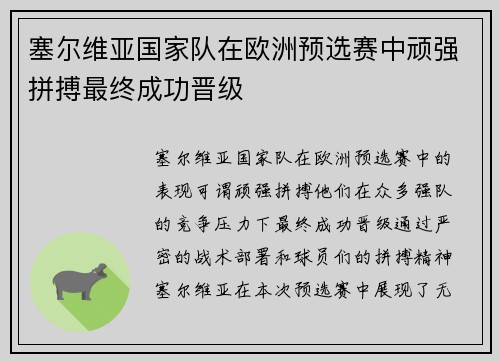 塞尔维亚国家队在欧洲预选赛中顽强拼搏最终成功晋级 塞尔维亚国家队在欧洲预选赛中顽强拼搏最终成功晋级