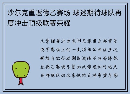 沙尔克重返德乙赛场 球迷期待球队再度冲击顶级联赛荣耀 沙尔克重返德乙赛场 球迷期待球队再度冲击顶级联赛荣耀